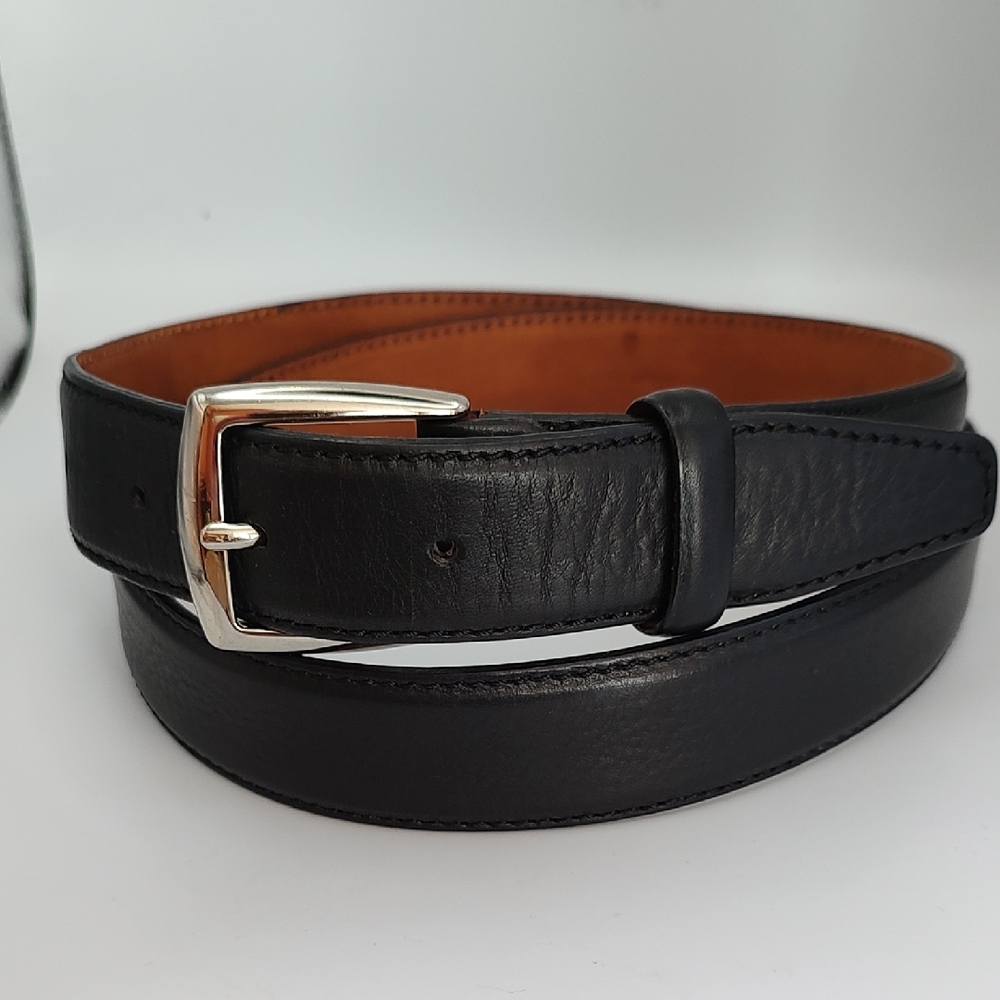 Men Parri's Firenze Italy Handmade Black Leather Belt Silver Buckle Solid Brass